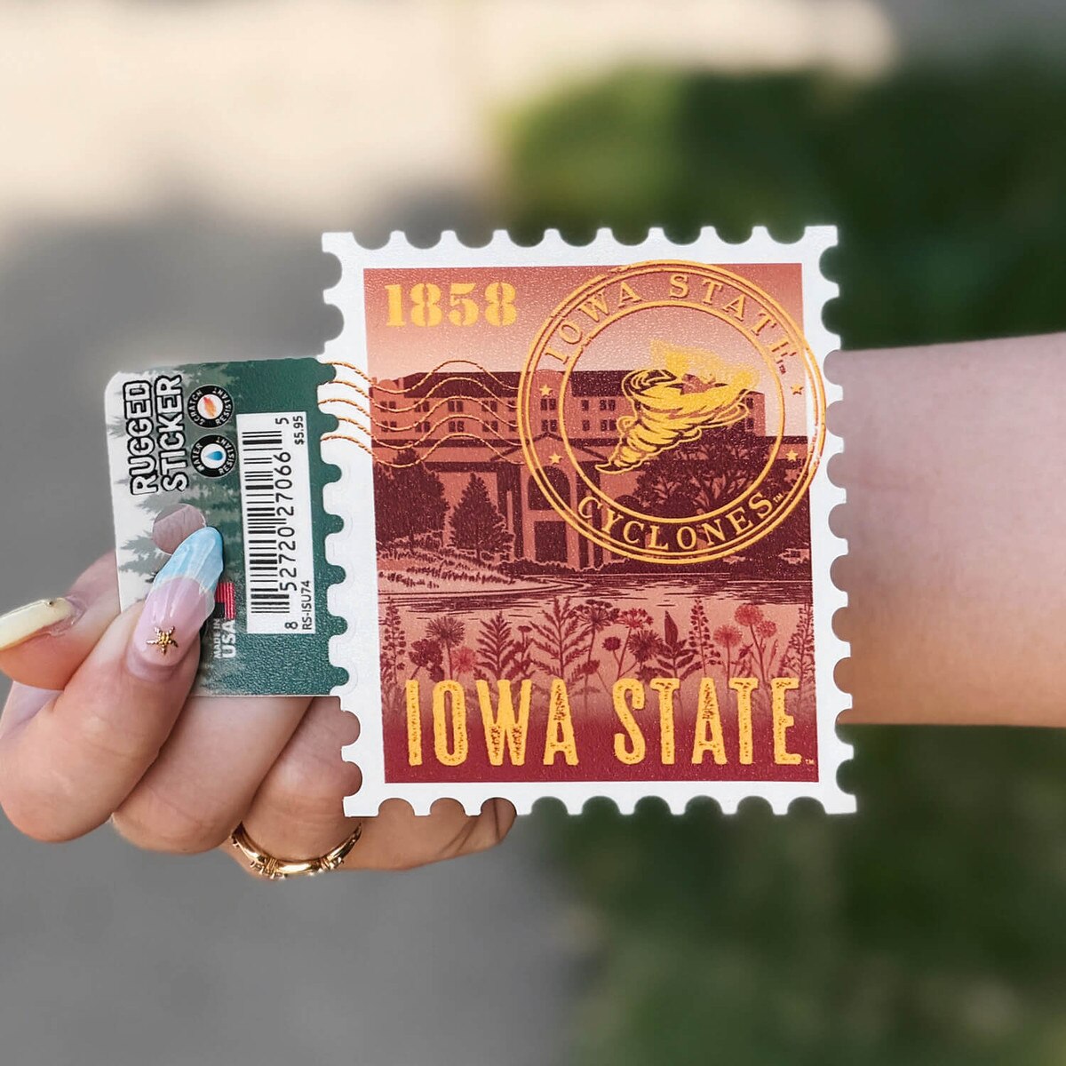 Iowa State Punching Cy Postage Stamp Rugged Sticker 3-5-inch